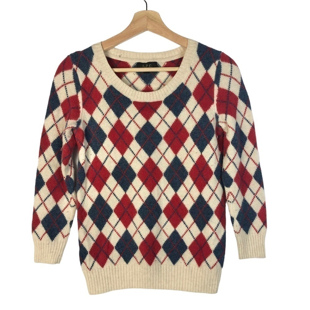 A.P.C‎ Cream Red & Blue Argyle Diamond Wool Crewneck Sweater S